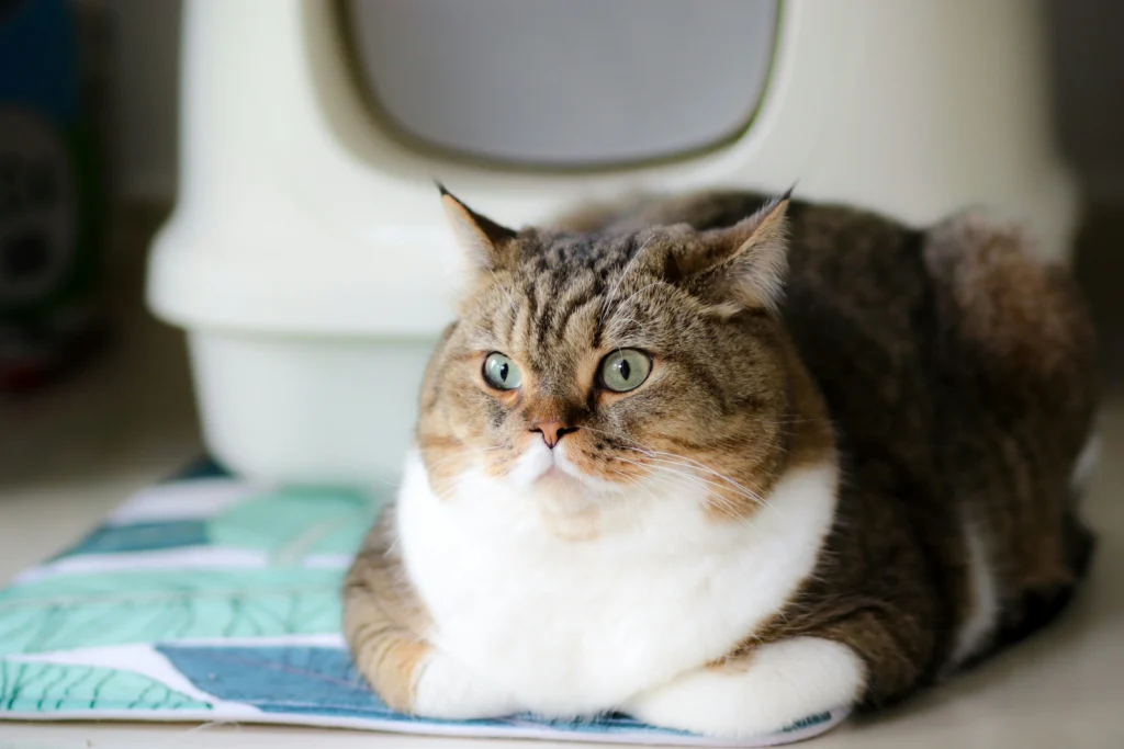 A tabby cat rests in a loaf position on a green-patterened mat.
